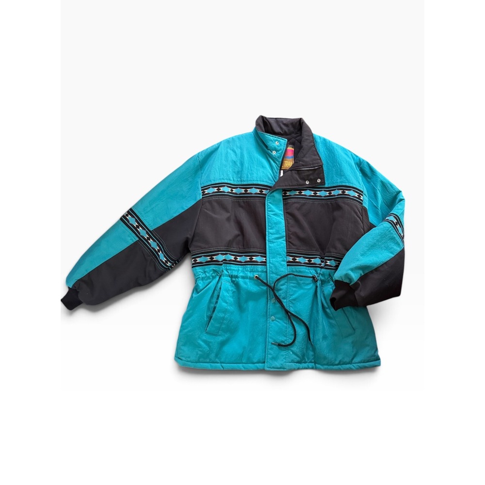 Vintage 90s Santa Fe Trail Southwestern Teal Black Puffer Jacket Women 2X USA